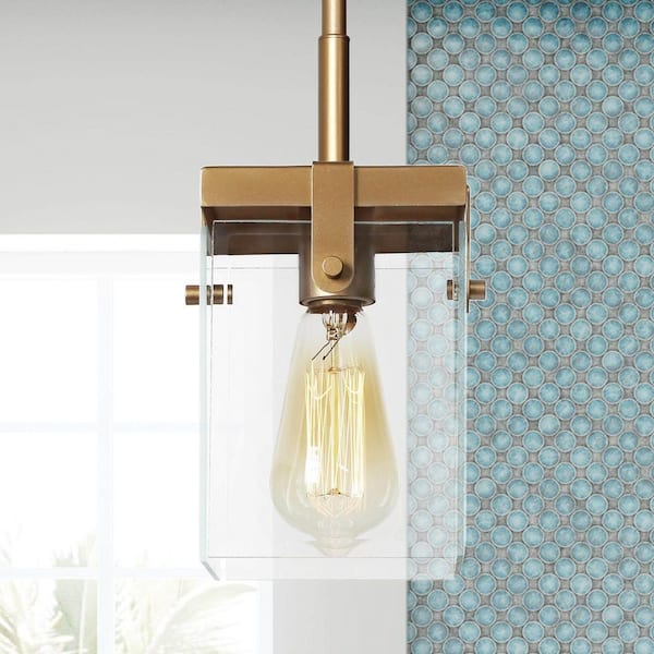Uolfin Modern Gold Island Pendant Light, 1-Light Square Bell Pendant Light with Clear Glass Shade