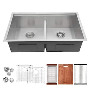 16 -Gauge Stainless Steel 33 in. Low-Divide Undermount Double Bowl Kitchen Sink 50/50 Under Counter Kitchen Basin