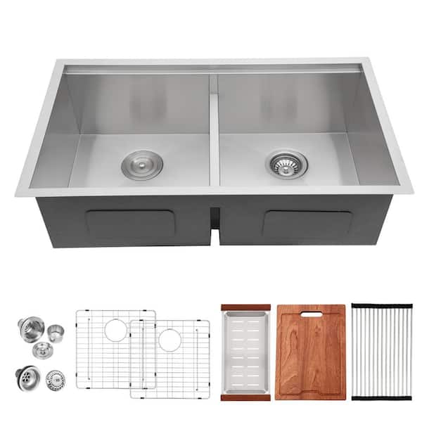 Sarlai 16 -Gauge Stainless Steel 33 in. Low-Divide Undermount Double Bowl Kitchen Sink 50/50 Under Counter Kitchen Basin