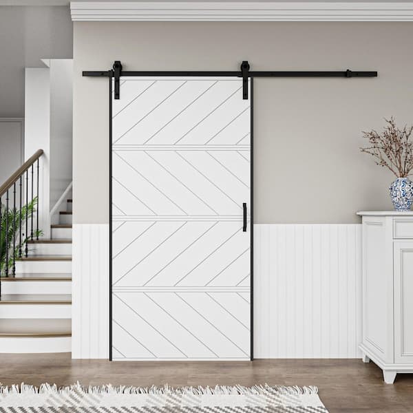 42 in. x 84 in. Paneled 4-Segments Wave Design White MDF Prefinished Barn Door Slab with Installation Hardware Kit
