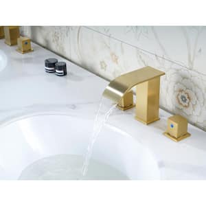 8 in. Widespread Waterfall Spout Double Handle Bathroom Faucet with Drain Kit Included in Brushed Gold