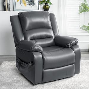 Faux Leather Power Lift Recliner Chair with Massage, Remote, Footrest, Studded and Tufted Detailing, Side Pocket - Gray