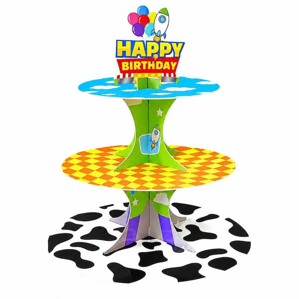 3-Tier Yellow Cartoon Story Cake Stand Cardboard Dessert Tower Holder for Party Decorations