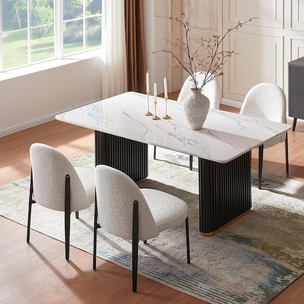 Morden Fort Moden 5-Piece Faux Marble Rectangle Dining Table with Boucle Chairs in White Dining Room Set for Kitchen