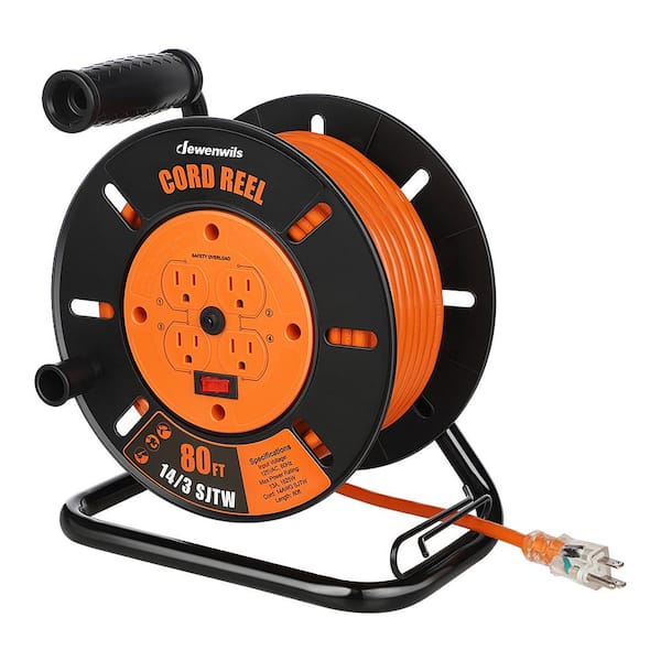DEWENWILS Heavy Duty 80 ft. 14/3 SJTW 13 Amp Indoor/Outdoor Retractable Extension Cord Reel with 4-Grounded Outlets Orange Cord