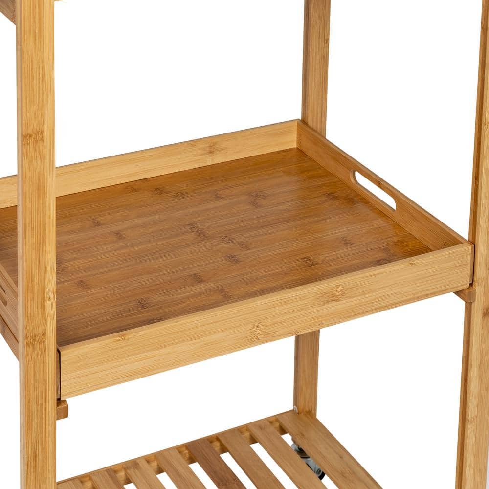 Compact Bamboo Drop-Leaf Kitchen Cart with Locking Casters and Storage