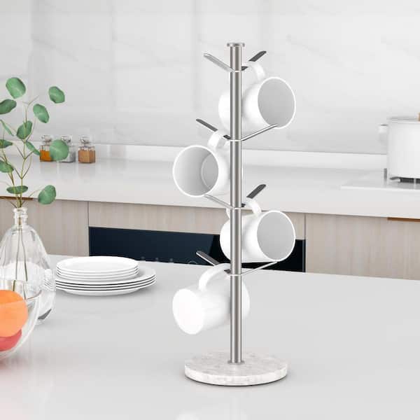 8-Hook Brushed Nickel Marble Mug Holder Tree, Stainless Steel Countertop Organizer for Kitchen Counter Cabinet Cafe