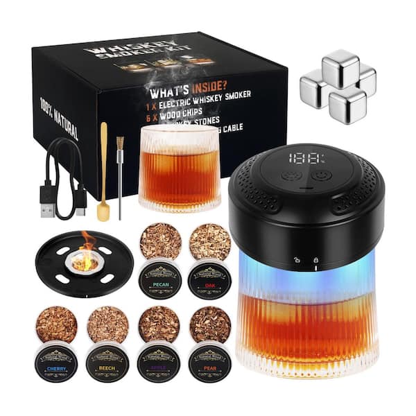 Electric Whiskey Smoker Kit with 6 Wood Chips & 2 Glasses & 4 Whiskey Stones, RGB LED Light