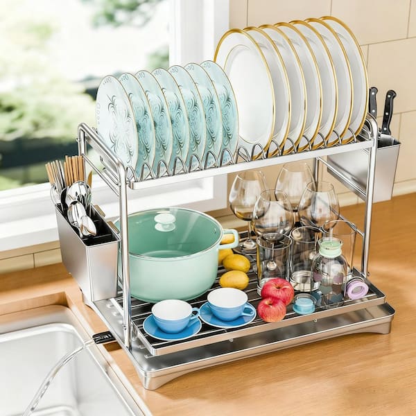 Basic Series, 2-Tier Large Capacity Metal Dish Rack, Storage Rack with Cutlery Holder, in Silver
