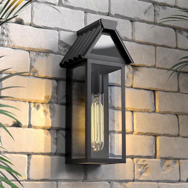 Montpelier 15 in. 1-Light E26 Sand Grain Black Dusk to Dawn Outdoor Hardwired Wall Lantern Scone