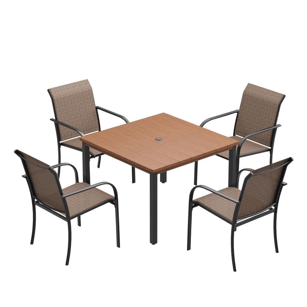 5-Piece Patio Dining Set with Walnut Square Metal Table and 4-Brown Dining Chairs with Curved Armrests for Backyard price history on PriceWatchPro