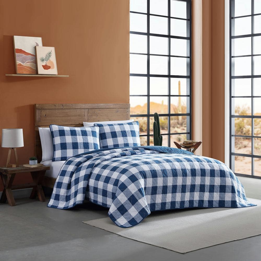 King Blue Cotton Reversible Quilt Set with Shams