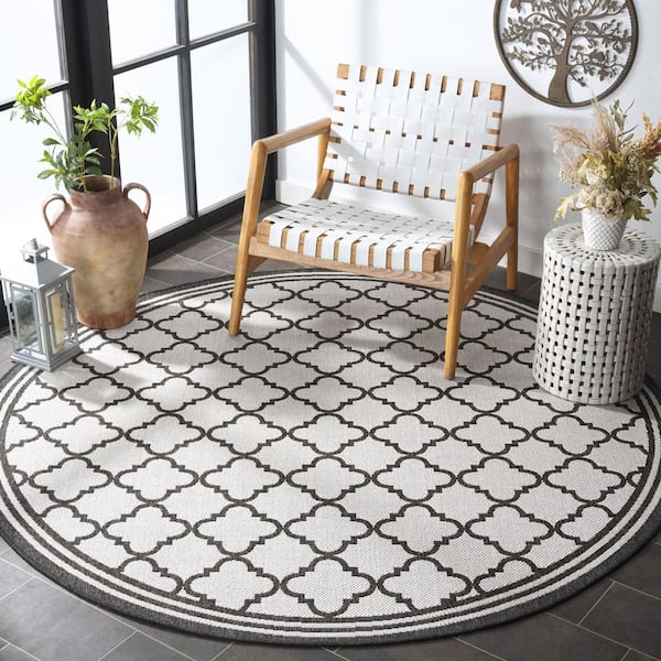 Linden Light Gray/Charcoal 7 ft. x 7 ft. Border Geometric Trellis Indoor/Outdoor Round Area Rug