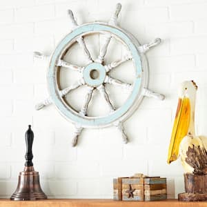 24 in. x  24 in. Wood Blue Distressed Ship Wheel Sail Boat Wall Decor with White Accents