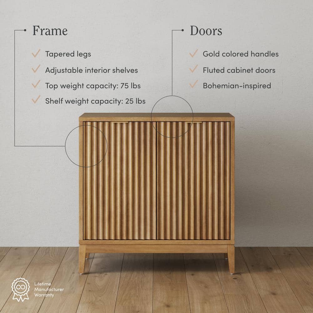 Jasper Light Brown Fluted Wooden Storage Cabinet with Brass Handles