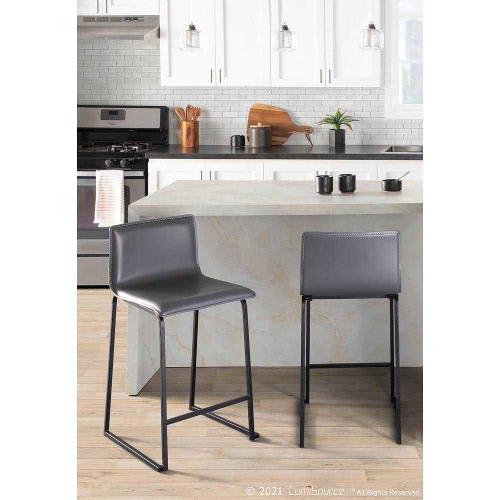 Modern Glam 26" Gray Faux Leather Counter Stool with Black Metal Base - Set of 2