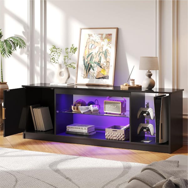 Bestier 57 in. Glossy Black Fluted TV Stand Fits TV Up to 65 in. Entertainment Center