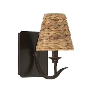 Kokomo 5.75 in. 1-Light Aged Bronze Brushed Finish Wall Sconce with Sea Grass Shade