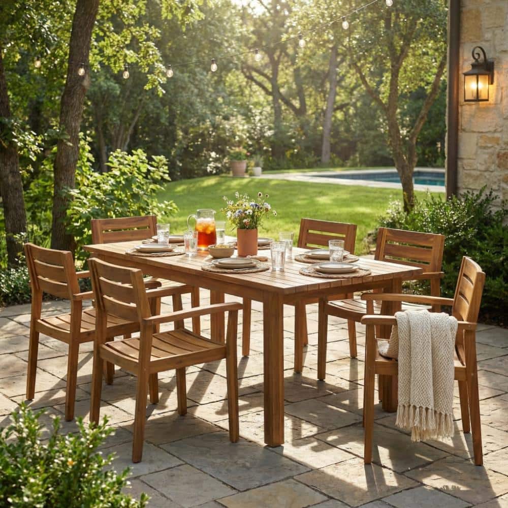 7-Piece Acacia Wood Outdoor Dining Set, 6 Chairs & 1 Table, All-Weather, Teak price history on PriceWatchPro