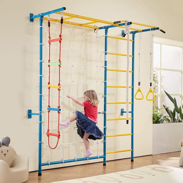 Indoor Jungle Gym for Toddlers, 7-in-1 Climbing Playset with Carbon Steel Swedish Ladder, Supports 220 lbs, Multicolor