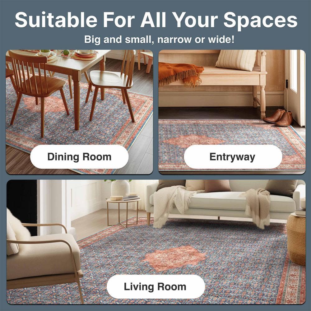 Blue Red 8' x 10' Chenille Oriental Washable Area Rug