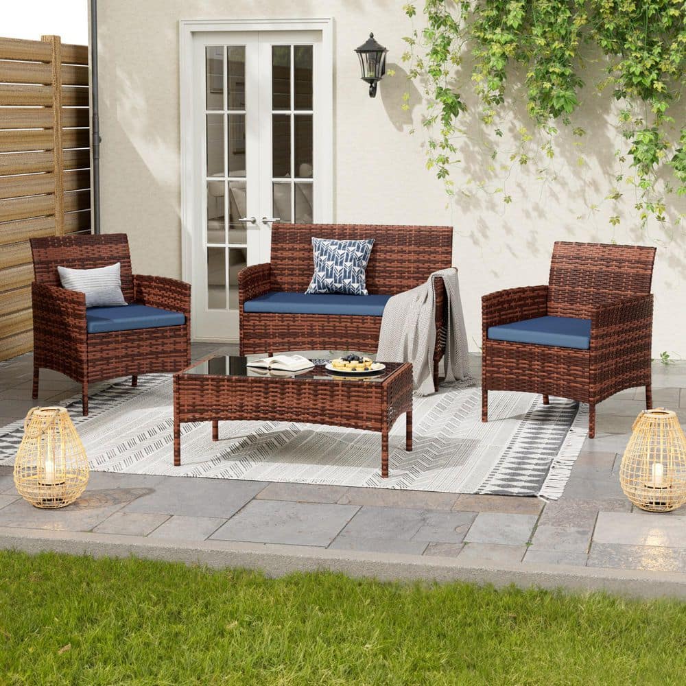 4-Piece Brown Wicker Outdoor Sofa Set with Navy Cushions & Coffee Table, Compact for Balcony, Porch, Poolside