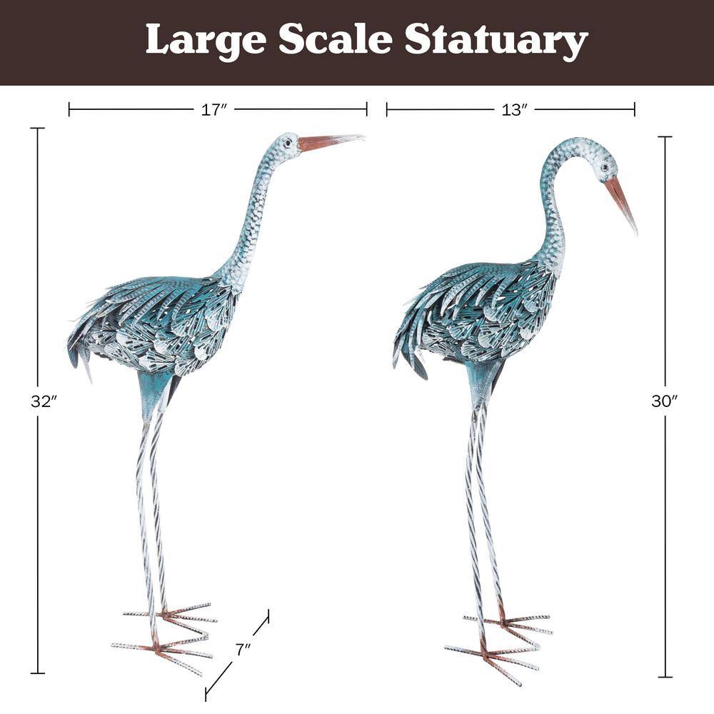 Hand-Painted Blue Metal Crane Garden Statues Set