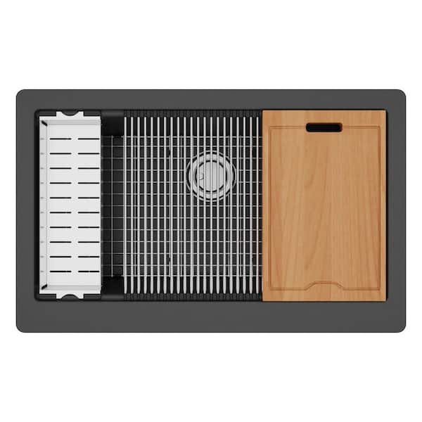 QAWS- 740 Quartz 34 in. Single Bowl Farmhouse Apron Front Workstation Kitchen Sink in Black