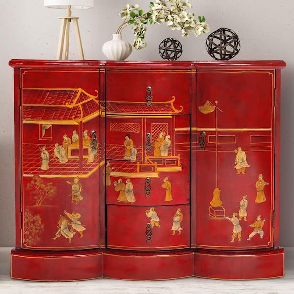Oriental Furniture Red Lacquer Courtyard Accent Cabinet