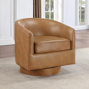 Irving Light Saddle Brown Faux Leather Wood Base Barrel Accent Chair with Swivel