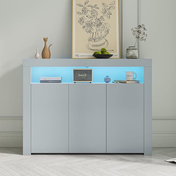 Grey Wood 51 in. Sideboard Storage Cabinet with LED Light Modern