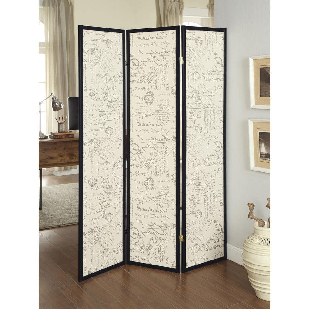 Transitional Black and Cream French Script 3-Panel Folding Screen