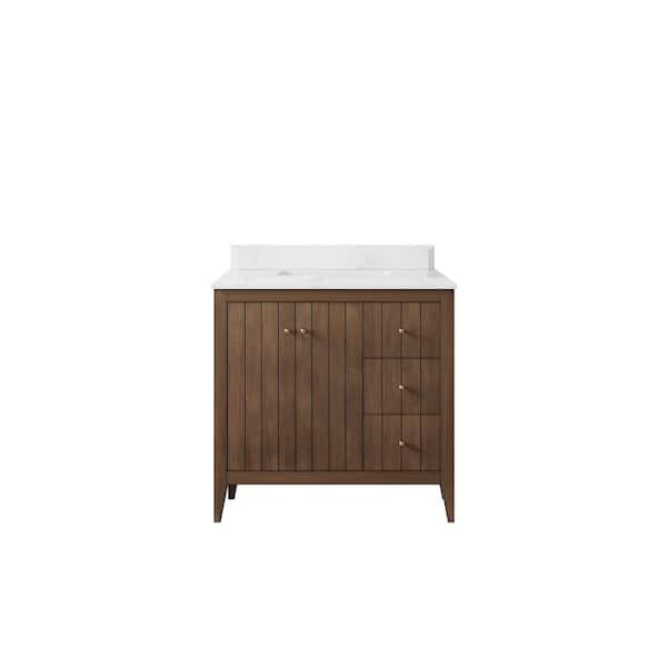 Willow Collections Atlanta Teak 36 in. Left Sink Freestanding Dark Natural Bath Vanity with Empira White Qt. Top Unassembled