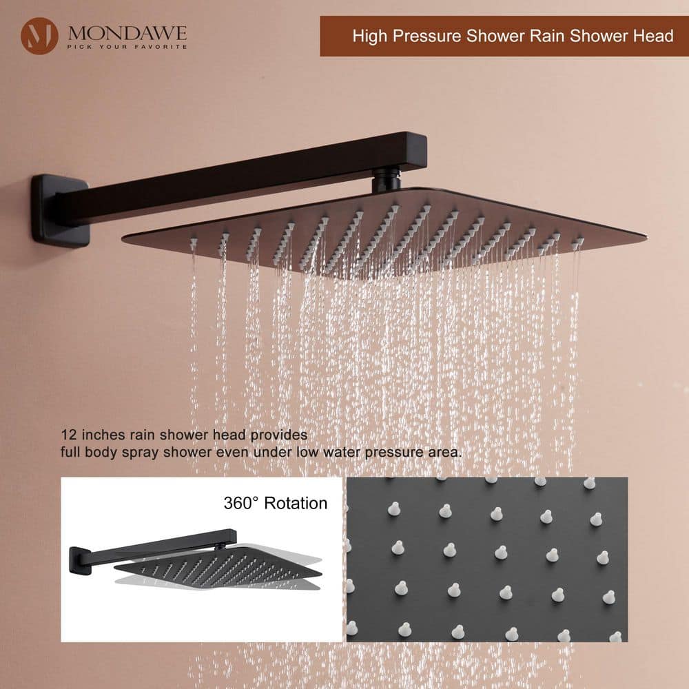 Matte Black 12-Inch Stainless Steel Multi-Head Wall Mounted Shower System