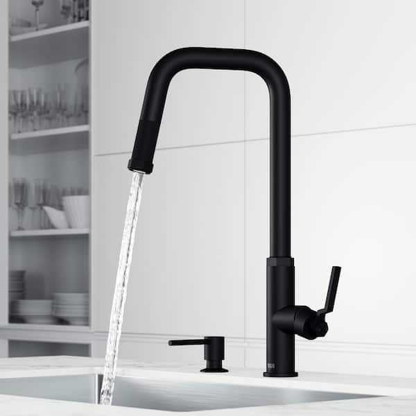 VIGO Hart Angular Single Handle Pull-Down Spout Kitchen Faucet Set with Soap Dispenser in Matte Black