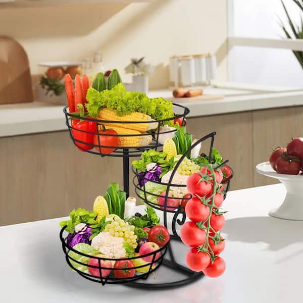 12 in. 3-Tier Detachable Metal Fruit Basket Bowl with Banana Hanger for Kitchen Counte Bread Snack, Black