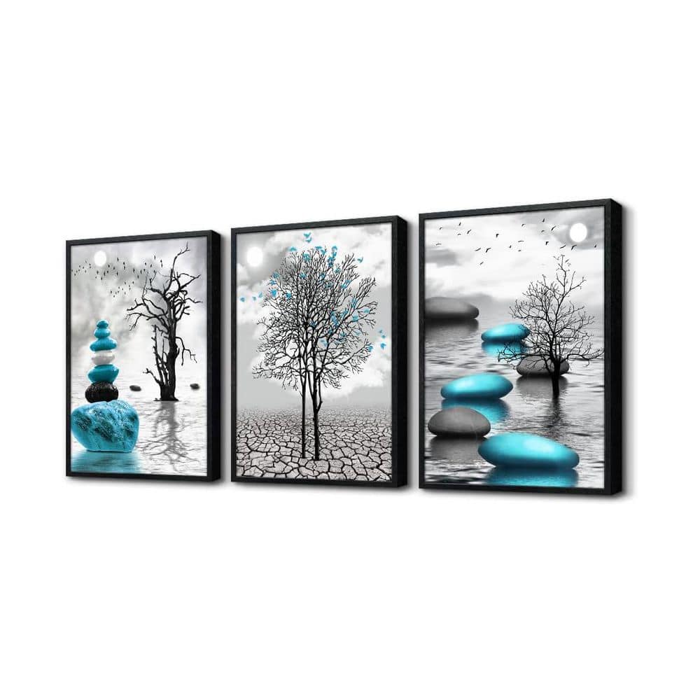 3 Piece Black Wood Framed Abstract Wall Canvas Art Prints 24 in. x 16 ...