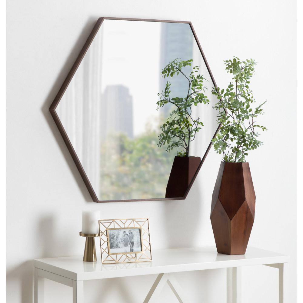 Walnut Brown Hexagon Wall Mirror with Wood Frame