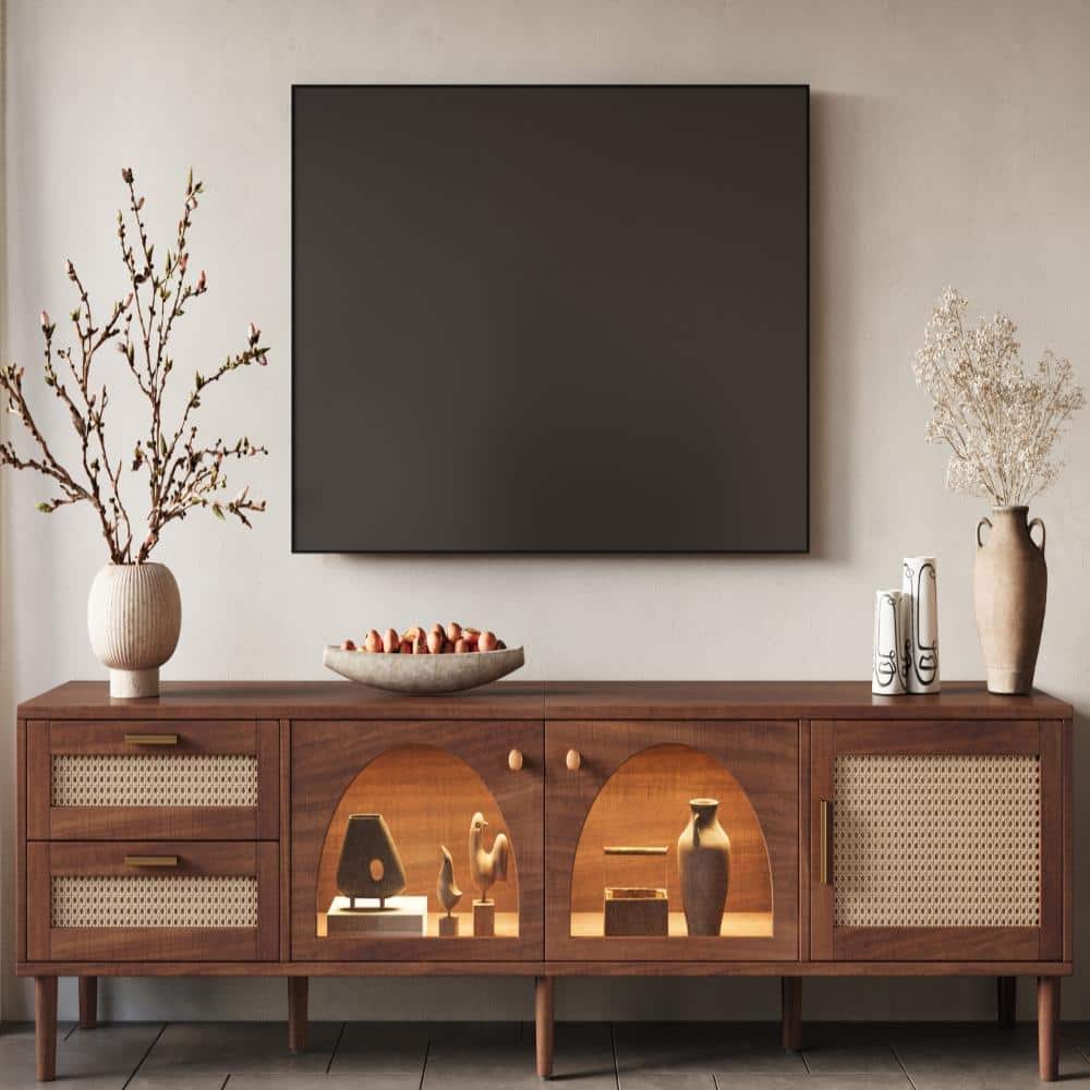 86" TV Stand with App-Controlled LED Lights for TVs up to 90", Modern Media Console with Glass Doors