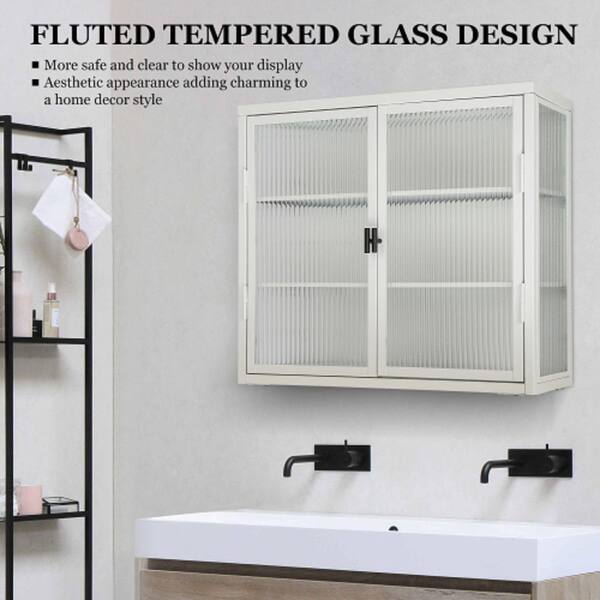 Adrinfly 27.60 in. L x 9.10 in. H x 23.60 in. W Double Glass Door Assembled Wall Cabinet with Detachable Shelves in White