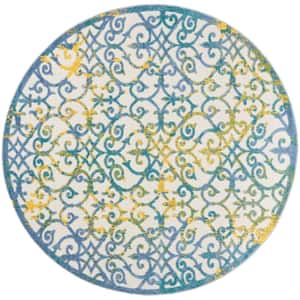 Aloha Ivory Blue 8 ft. x 8 ft. Floral Contemporary Indoor/Outdoor Round Area Rug