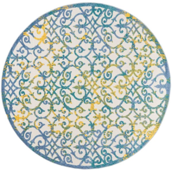 Nourison Aloha Ivory Blue 8 ft. x 8 ft. Round Floral Contemporary Indoor/Outdoor Patio Area Rug