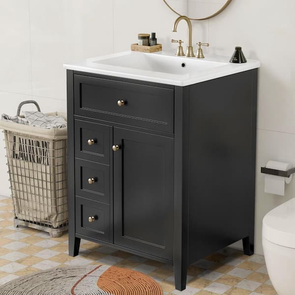 24 in. W Single Sink Freestanding Black Bath Vanity with White Ceramic Top and Drawers, Unassembled
