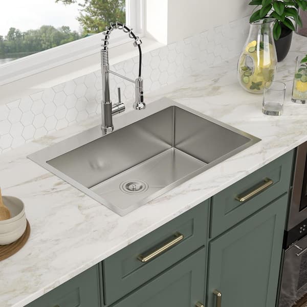 16 Guage Stainless Steel 28 in. Single Bowl Round Corner Drop-In Kitchen Sink with Strainer and Bottom Grid