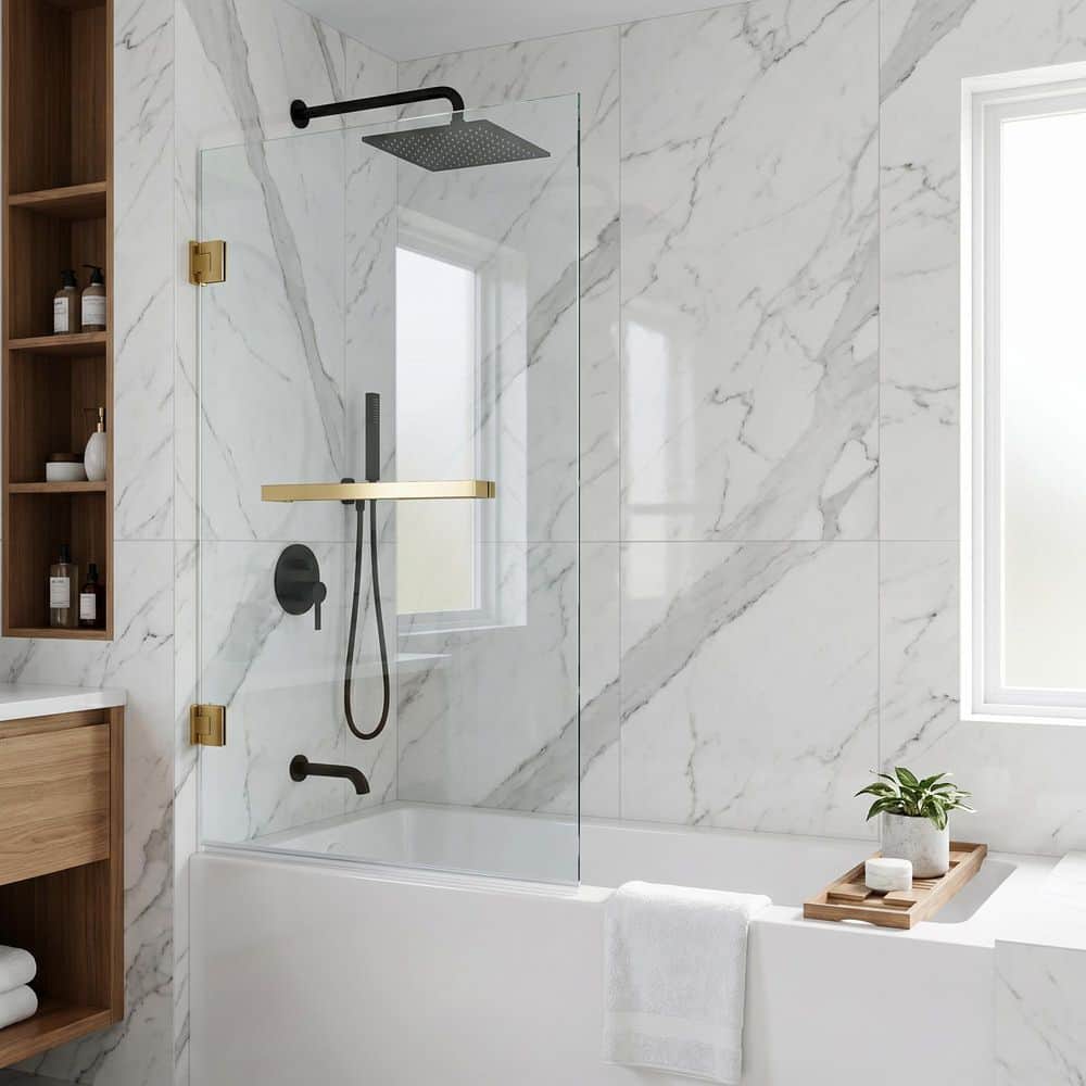 VIGO Rialto 34 in. W x 58 in. H Pivot Frameless Tub Door in Matte