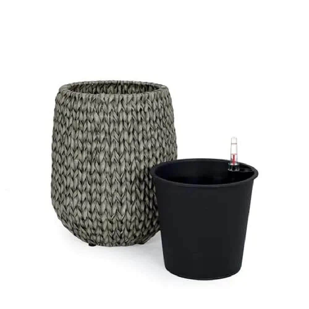 17 in. Outdoor Self-watering Wicker Planter-Garden Decoration Pot-Gray-Roun
