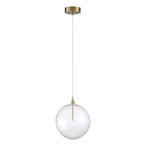 14 in. W x 14 in. H 1-Light Natural Brass Pendant Light with Clear Orb Glass Shade and Dimmable LED Light Bulb Included