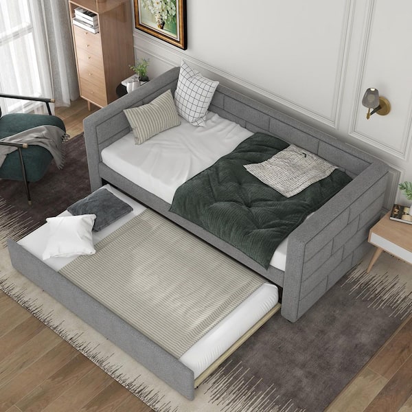Harper & Bright Designs Modern Gray Twin Size Upholstered Daybed with Trundle and Padded Back