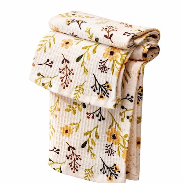 Flower Pattern Cotton Waffle Kitchen Towels Set of 2, 100% Cotton, 16 in. x 25 in. with Hanging Loops