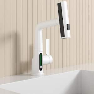Single Handle Single Hole Bathroom Faucet with Deckplate Included and LED temperature display function in Zinc White